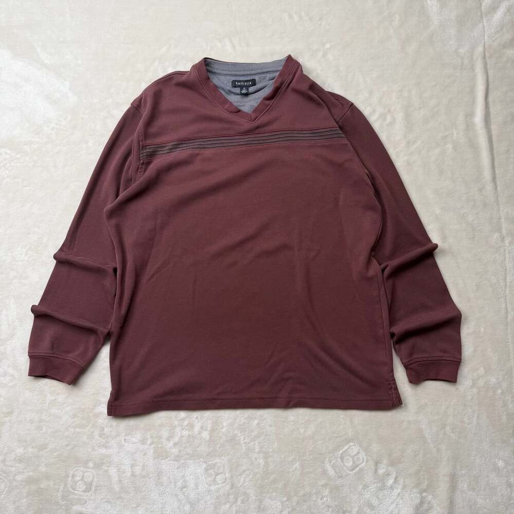 y2k Van Heusen Long Sleeve V-Neck Shirt Size M Maroon chest Striped